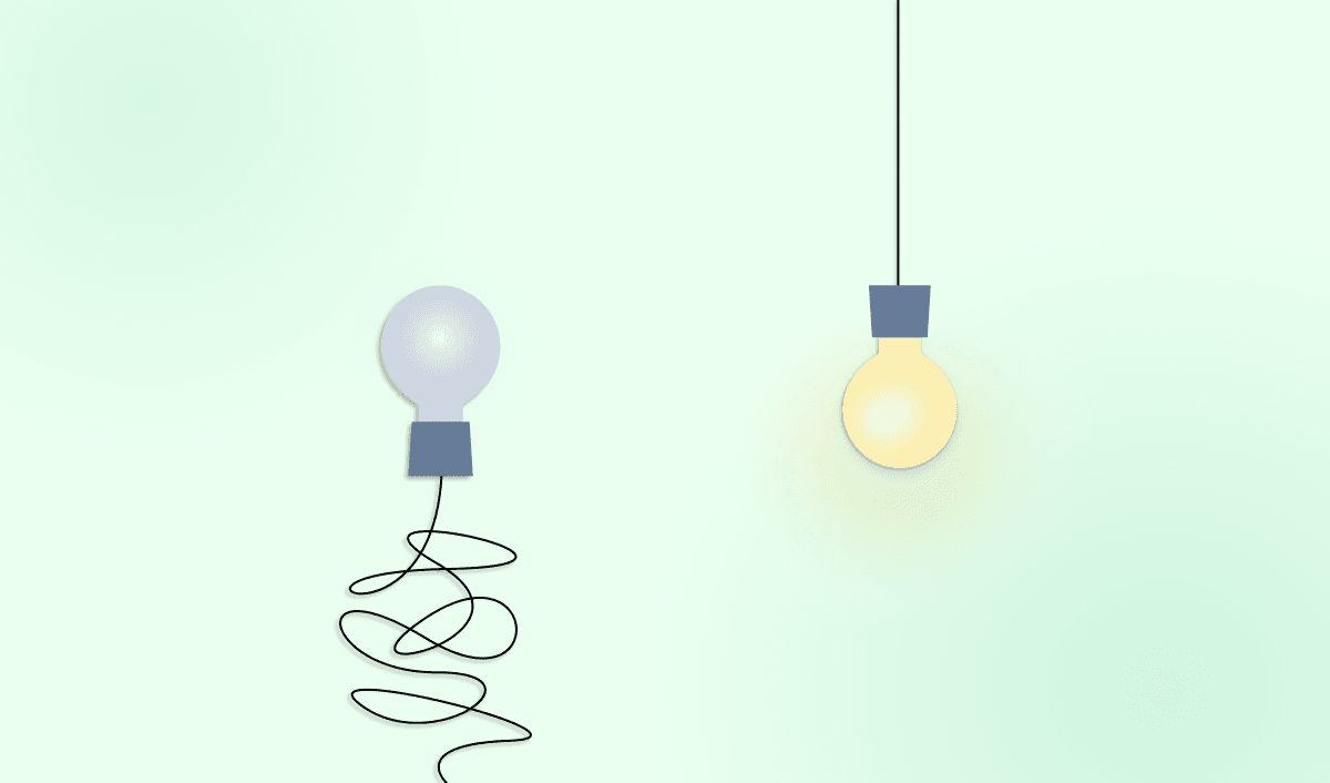 An illustration of two light bulbs, 1 turned off, with a tangled messy cord, the other with a straight cord and powered on.