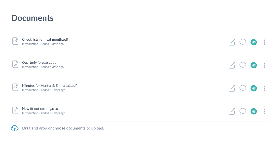 MinuteMe documents section displaying 4 uploaded documents with a drag and drop input to upload a new document
