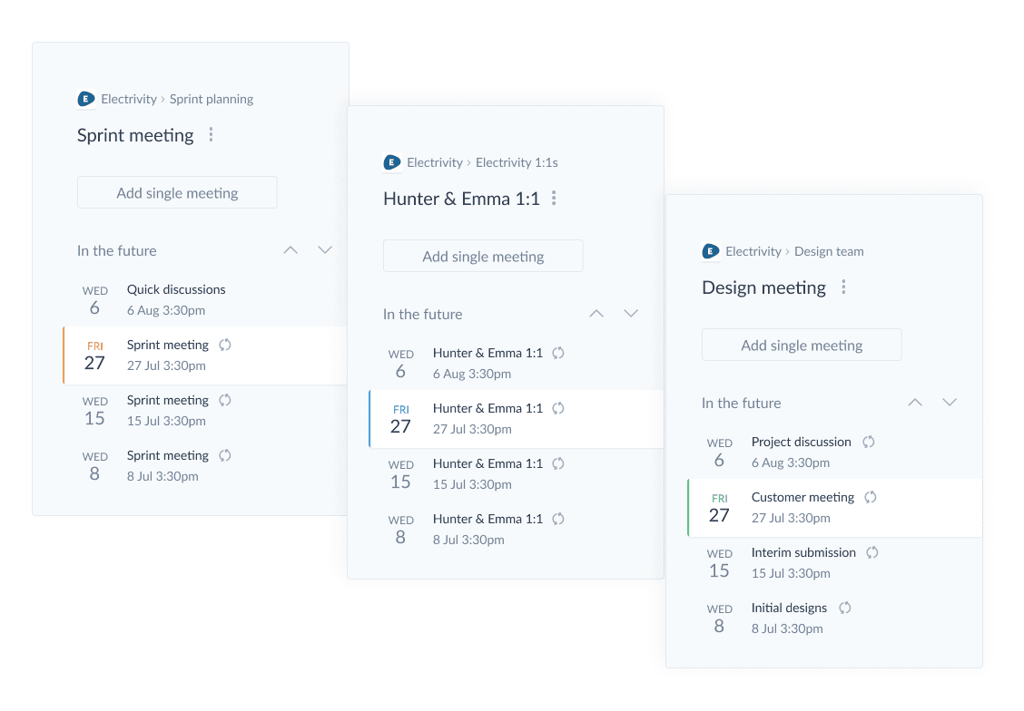 Three MinuteMe sidebar components displaying meeting schedule