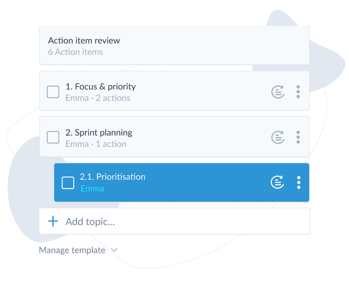 MinuteMe topic components displaying 3 meeting topics and an input to add a new topic