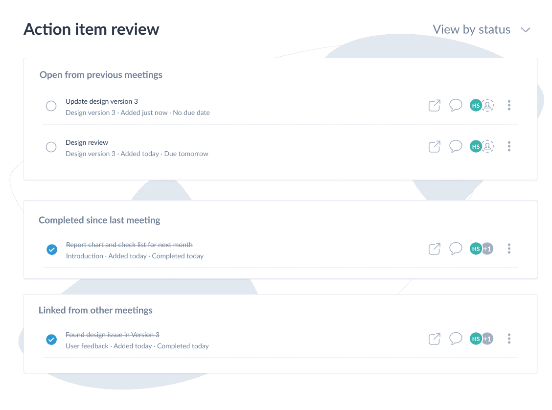 MinuteMe action item review displaying two incomplete and two complete action item rows