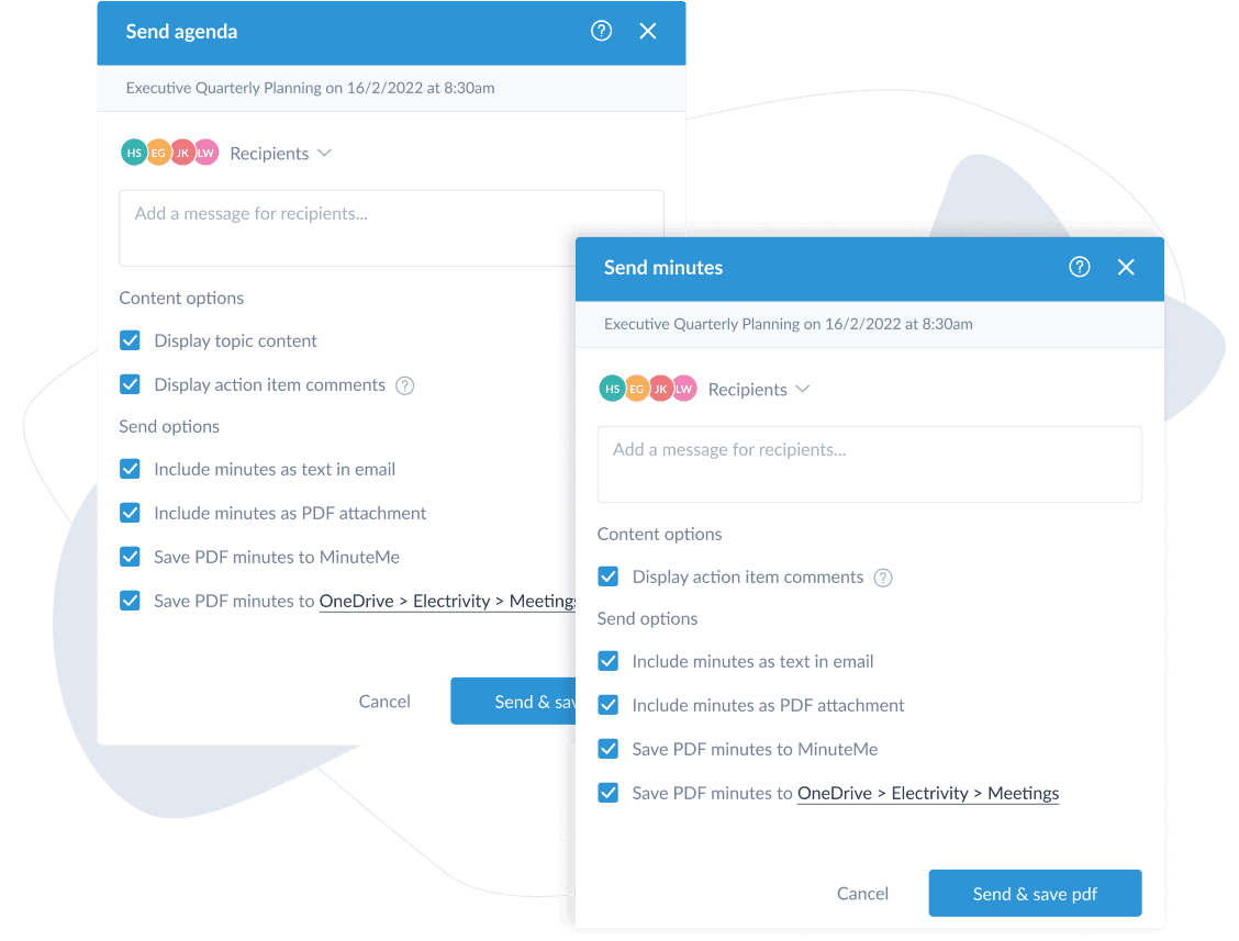 MinuteMe Send Agenda and Send minutes modal components