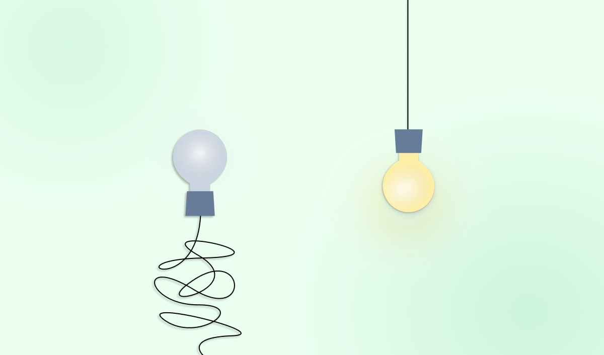 An illustration of two light bulbs, 1 turned off, with a tangled messy cord, the other with a straight cord and powered on.