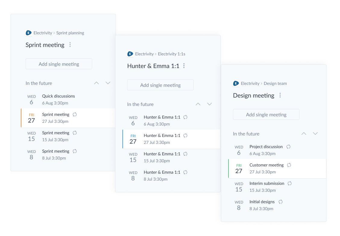 Three MinuteMe sidebar components displaying meeting schedule