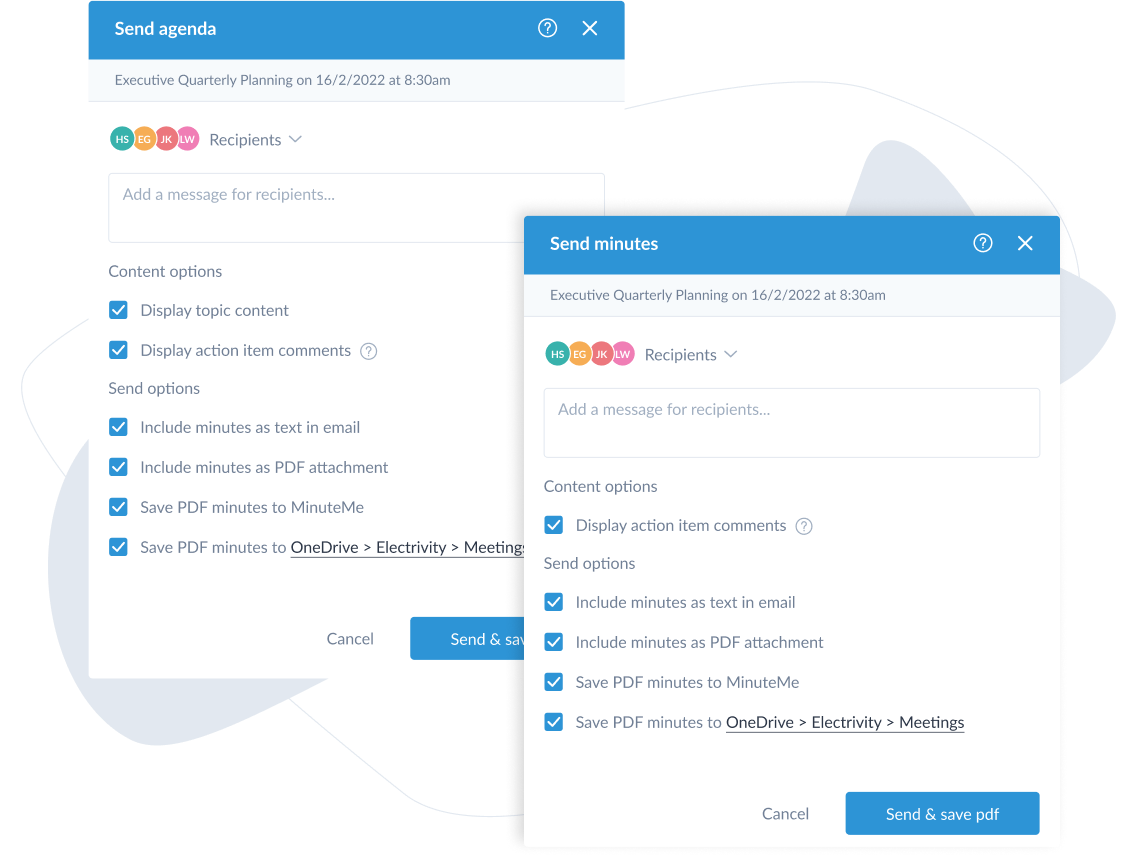 MinuteMe Send Agenda and Send minutes modal components